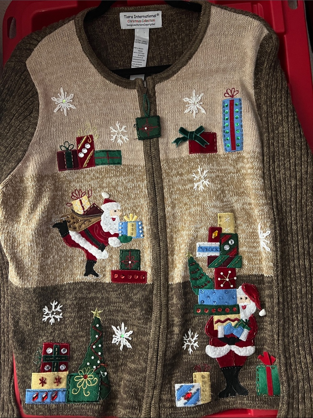 Tiara International Christmas Zip Up Sweater with Santa & Gifts - XL